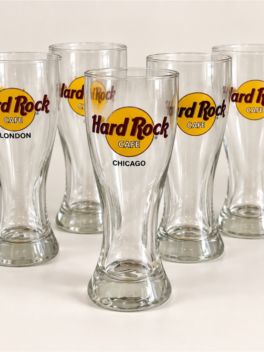 Hard Rock Cafe Clear Pint Glasses with Yellow and Brown Logo (Set) - Picture 1 of 9